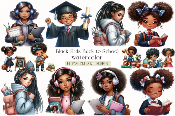 Kit-Digital-Black-Kids-Back-To-School-Set-Clipart-Bundle Kit Digital Black Kids Back To School Set Clipart Bundle - Imagem 1