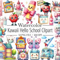 Kit Digital Kawaii Hello School Clipart Bundle