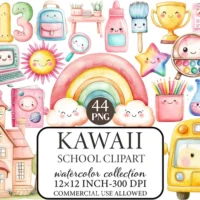 Kit Digital Kawaii School Clipart Bundle