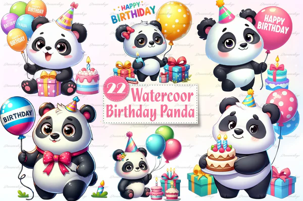 Kit-Digital-Panda-Birthday-Clipart-Bundle Kit Digital Panda Birthday Clipart Bundle - Imagem 1