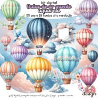 Kit Digital Papelaria Personalizada PNG Balão de Ar Quente Aquarela