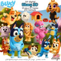 Kit Digital Papelaria Personalizada PNG Bluey 3D