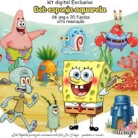 Kit Digital Papelaria Personalizada PNG Bob Esponja Aquarela