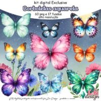 Kit Digital Papelaria Personalizada PNG Borboletas Aquarela