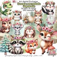 Kit Digital Papelaria Personalizada PNG Bosque Encantado Aquarela