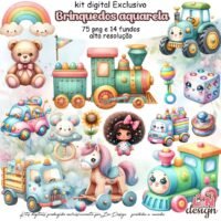 Kit Digital Papelaria Personalizada PNG Brinquedos Aquarela