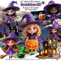 Kit Digital Papelaria Personalizada PNG Bruxinhas 3D