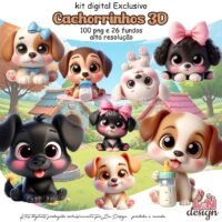 Kit Digital Papelaria Personalizada PNG Cachorrinhos 3D