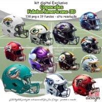 Kit Digital Papelaria Personalizada PNG Capacetes Futebol Americano 3D