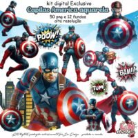 Kit Digital Papelaria Personalizada PNG Capitão América Aquarela