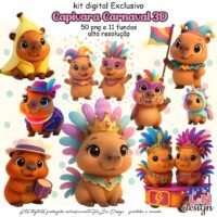 Kit Digital Papelaria Personalizada PNG Capivara Carnaval