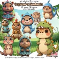Kit Digital Papelaria Personalizada PNG Capivara Fantasia