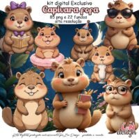Kit Digital Papelaria Personalizada PNG Capivara Fofa