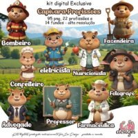 Kit Digital Papelaria Personalizada PNG Capivara Profissões
