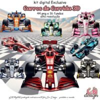 Kit Digital Papelaria Personalizada PNG Carros de Corrida 3D