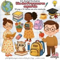Kit Digital Papelaria Personalizada PNG Dia dos Professores Aquarela