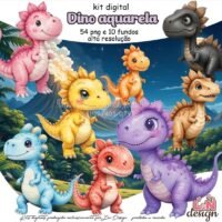 Kit Digital Papelaria Personalizada PNG Dino Aquarela