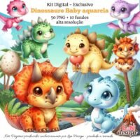 Kit Digital Papelaria Personalizada PNG Dinossauro Baby Aquarela