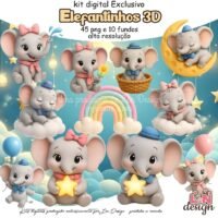 Kit Digital Papelaria Personalizada PNG Elefantinhos 3D