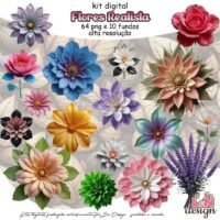 Kit Digital Papelaria Personalizada PNG Flores Realistas