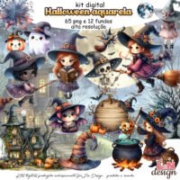 Kit Digital Papelaria Personalizada PNG Halloween Aquarela