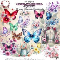 Kit Digital Papelaria Personalizada PNG Jardim das Borboletas Aquarela