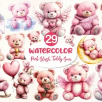 Kit Digital Pink Cute Blush Teddy Bear Clipart Bundle