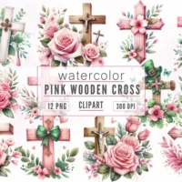 Kit Digital Pink Wooden Cross Clipart Bundle