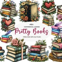 Kit Digital Pretty Books With Flowers Clipart Bundle
