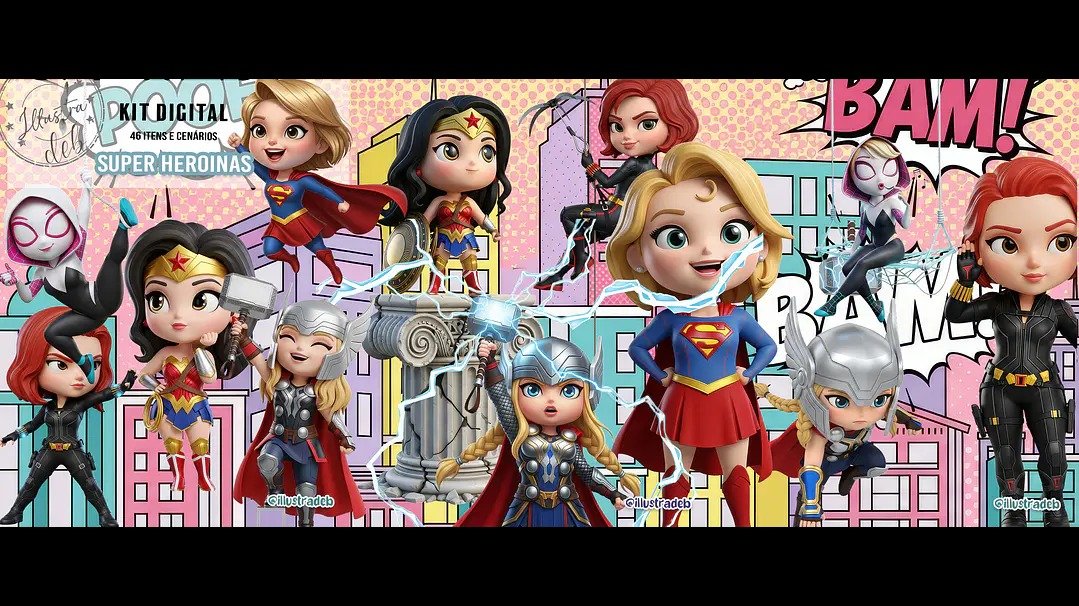 Kit-Digital-Super-Heroinas-3D Kit Digital Super Heroínas 3D - Imagem 1