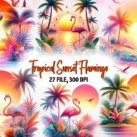 Kit Digital Tropical Sunset Flamingo Clipart Bundle