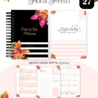 Pack Encadernação , Agenda, Planner, Calendário 8) Floral Preto