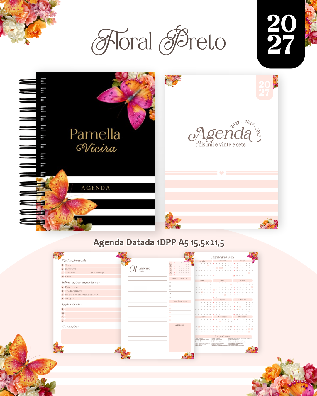 Pack-Encadernacao-2027-Agenda-Planner-Calendario-8-FLORAL-PRETO Pack Encadernação , Agenda, Planner, Calendário 8) Floral Preto - Imagem 1