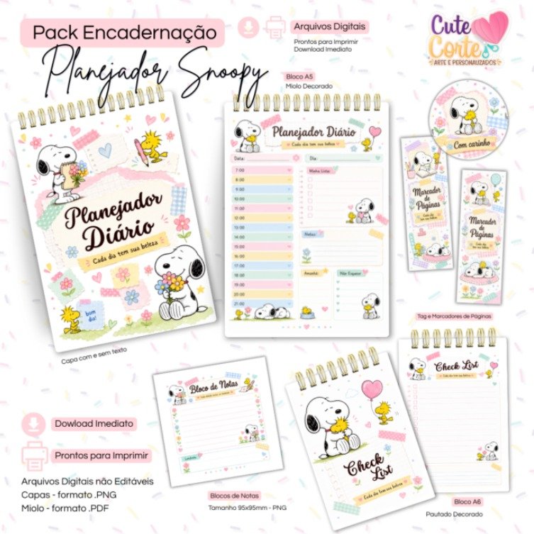 Pack-Planejador-Snoopy-Bloco-Decorado-A5-Checklist-A6-Extras Pack Planejador Snoopy Bloco Decorado A5 + Checklist A6 + Extras - Imagem 1