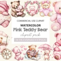 Pink Teddy Bear Baby Shower Clipart Bundle