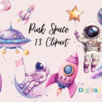Watercolor Pink Space Clipart Bundle