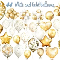 White And Gold Balloons Clipart Bundle