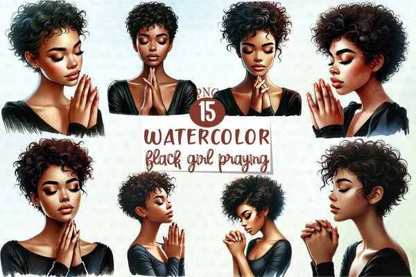 kit-digital-Black-Girl-Praying-Clipart-Bundle Kit Digital Black Girl Praying Clipart Bundle - Imagem 1