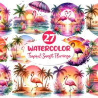 Kit Digital Tropical Sunset Flamingo Clipart Bundle 2