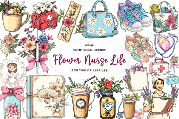 01811_Flower-Nurse-Life-Coquette-Coastal-Clipart-Bundle Flower Nurse Life Coquette Coastal Clipart Bundle - Imagem 1