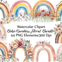 Boho Rainbow Floral Clipart Bundle