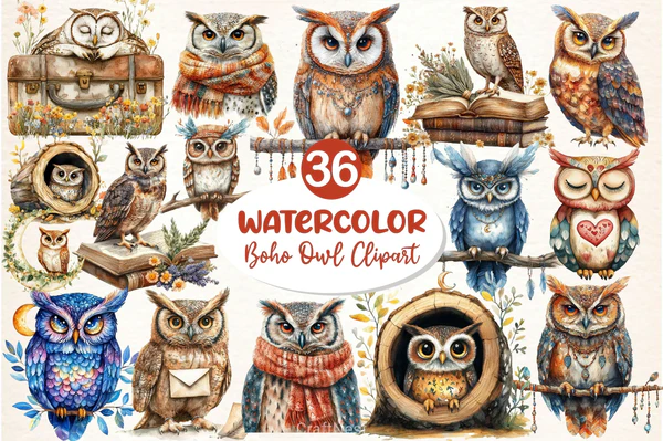 03206_Boho-Owl-Clipart-Bundle Boho Owl Clipart Bundle - Imagem 1