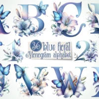Blue Floral Monogram Alphabet Clipart Bundle