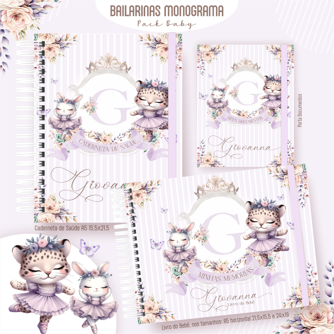 BAILARINAS-MONOGRAMA-ALFABETO-Pack-Baby-Caderneta-de-Saude-Porta-Doc-Livro-do-Bebe-Arquivo-Digital Bailarinas Monograma Alfabeto Pack Baby Caderneta de Saúde + Porta Doc + Livro do Bebê - Imagem 1