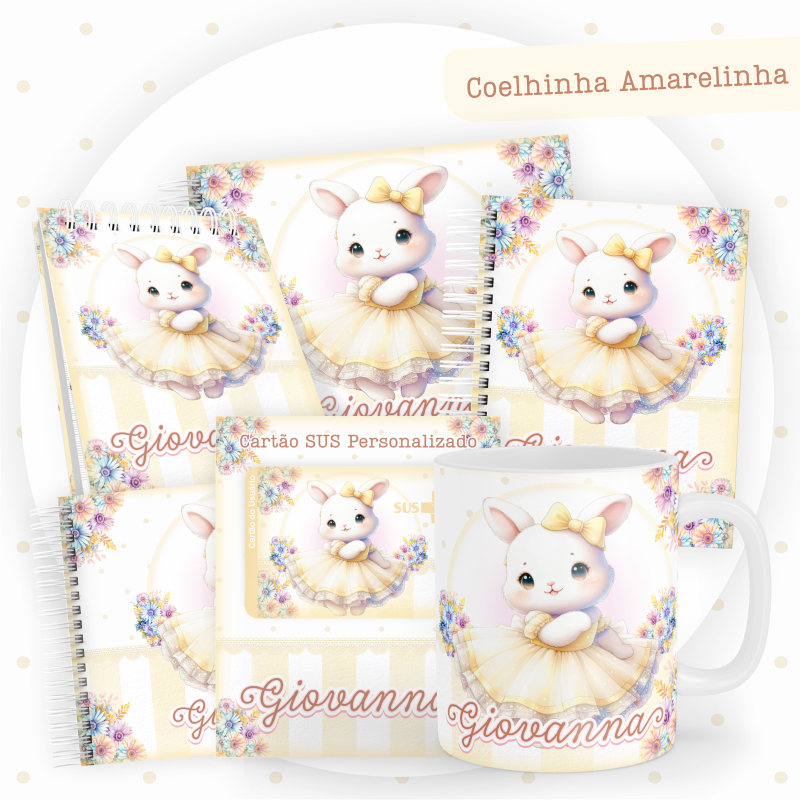 COELHINHA-AMARELINHA-Pack-Baby-Caderneta-Mesversario-Memorias-cartao-sus-Arquivo-Digital Coelhinha Amarelinha Pack Baby Caderneta + Mesversário + Memórias + Cartão Sus - Imagem 1
