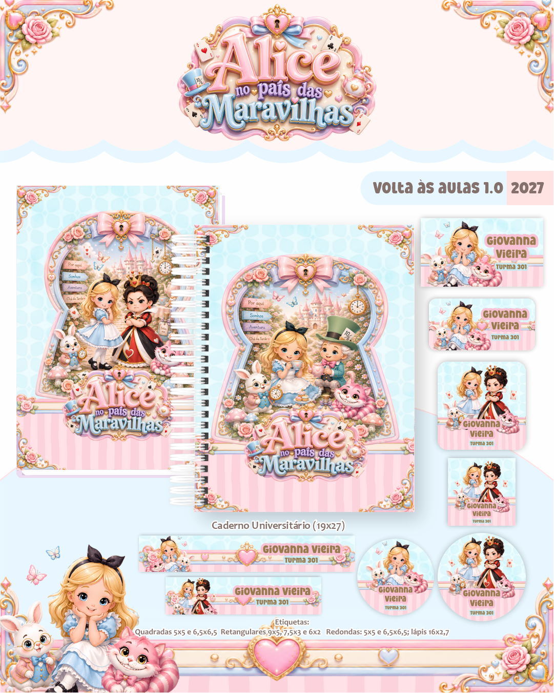 Combo-encadernacao-e-etiquetas-escolares-ALICE-NO-PAIS-DAS-MARAVILHAS Combo Encadernação e Etiquetas Escolares Alice No País das Maravilhas - Imagem 1