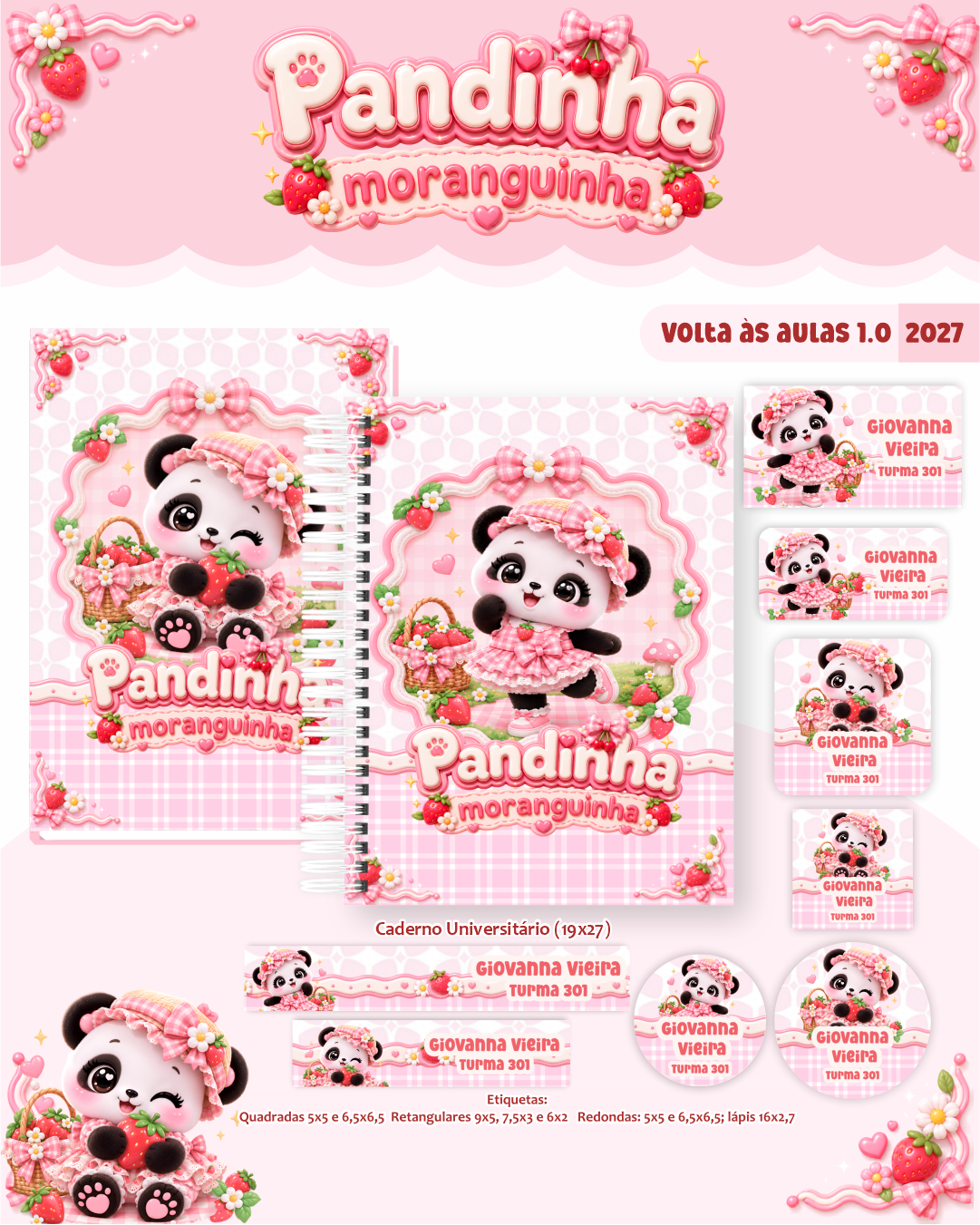 Combo-encadernacao-e-etiquetas-escolares-PANDINHA-MORANGUINHO Combo Encadernação e Etiquetas Escolares Pandinha Moranguinho - Imagem 1