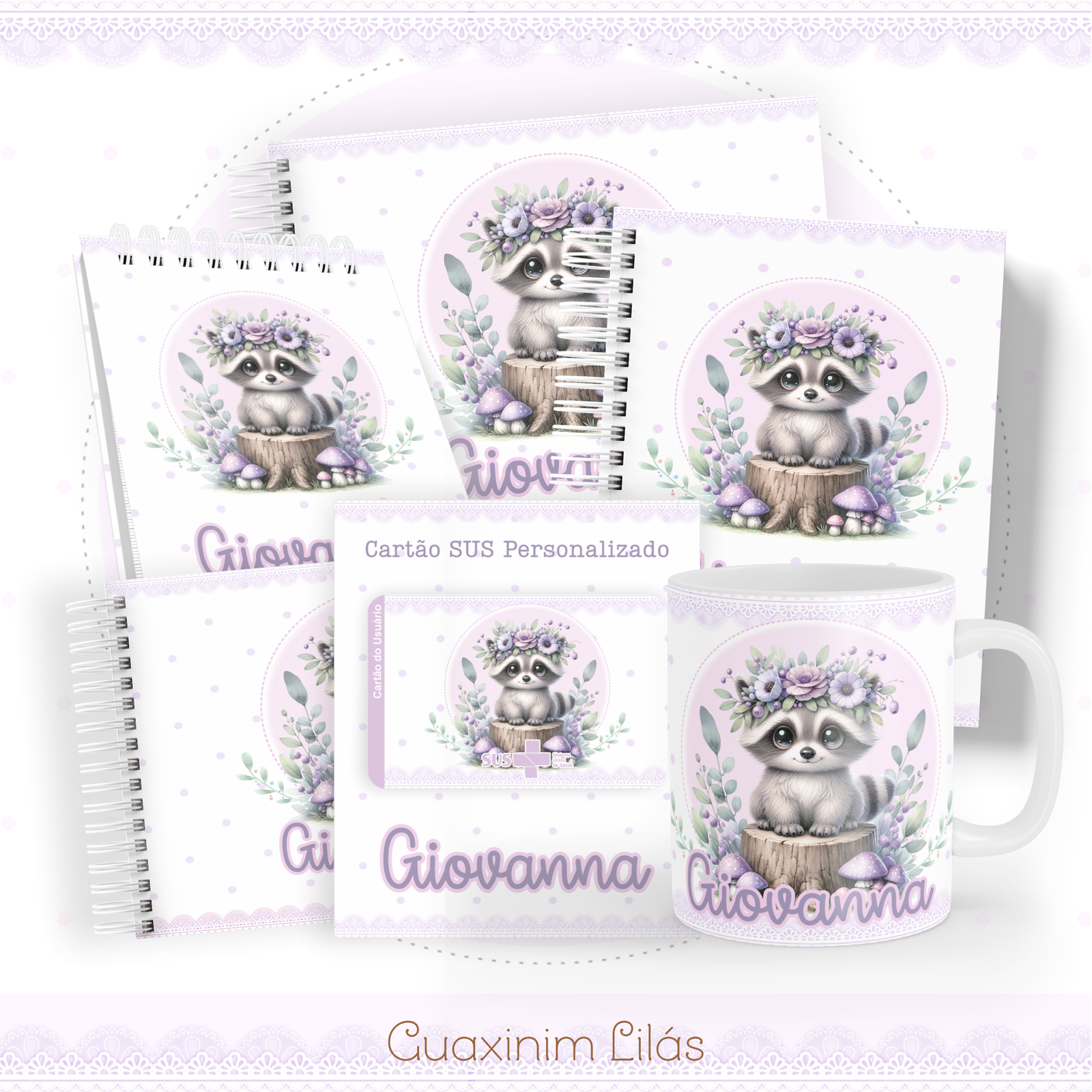 GUAXINIM-LILAS-Pack-Baby-Caderneta-Mesversario-Memorias-cartao-sus-Arquivo-Digital Guaxinim Lilás Pack Baby Caderneta + Mesversário + Memórias + Cartão Sus - Imagem 1