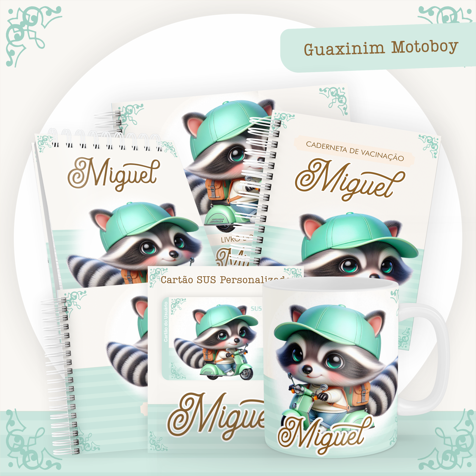 GUAXINIM-MOTOBOY-Pack-Baby-Caderneta-Mesversario-Memorias-cartao-sus-Arquivo-Digital-1 Guaxinim Motoboy Pack Baby Caderneta + Mesversário + Memórias + Cartão Sus - Imagem 1