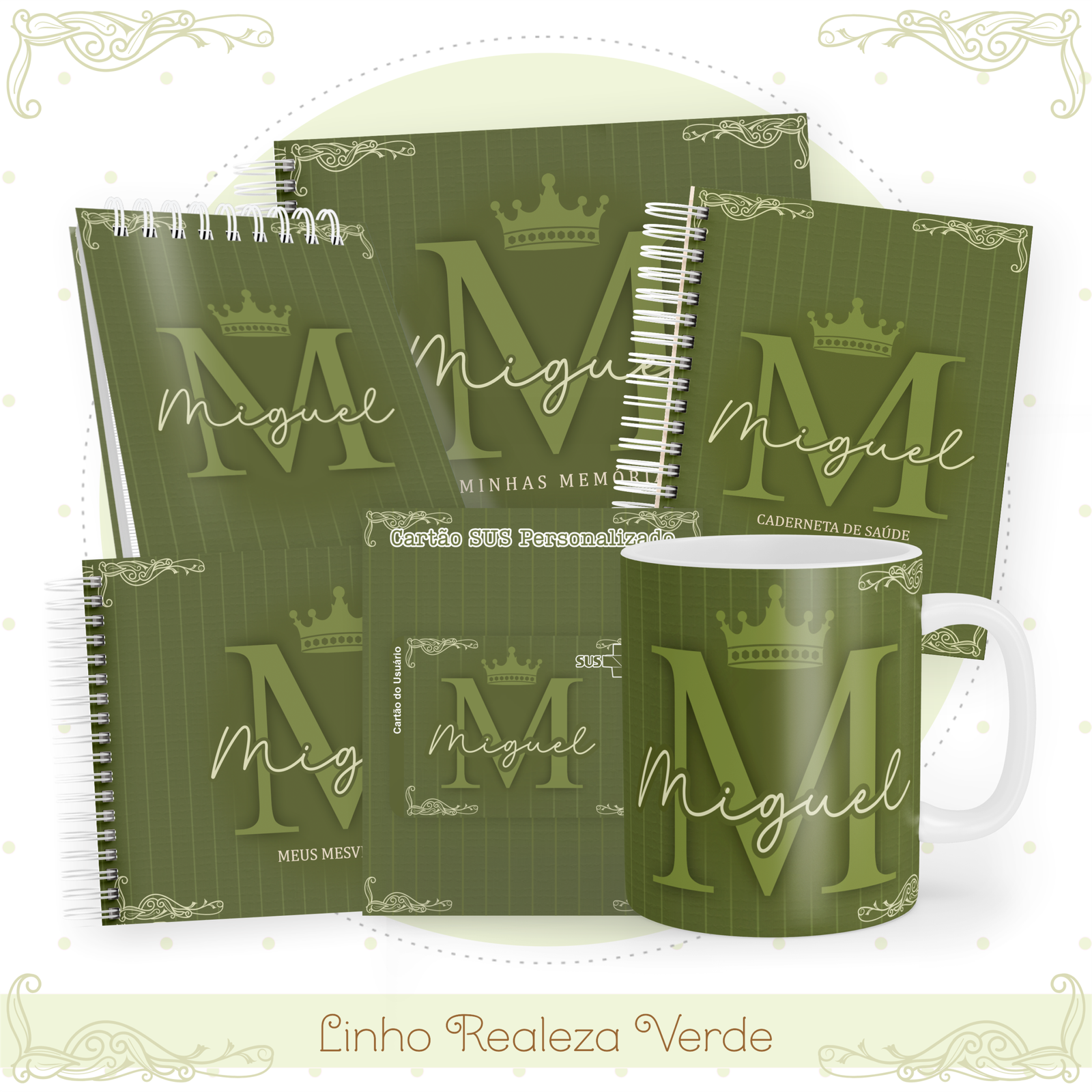 LINHO-REALEZA-VERDE-Pack-Baby-Caderneta-Mesversario-Memorias-cartao-sus-Arquivo-Digital Linho Realeza Verde Pack Baby Caderneta + Mesversário + Memórias + Cartão Sus - Imagem 1